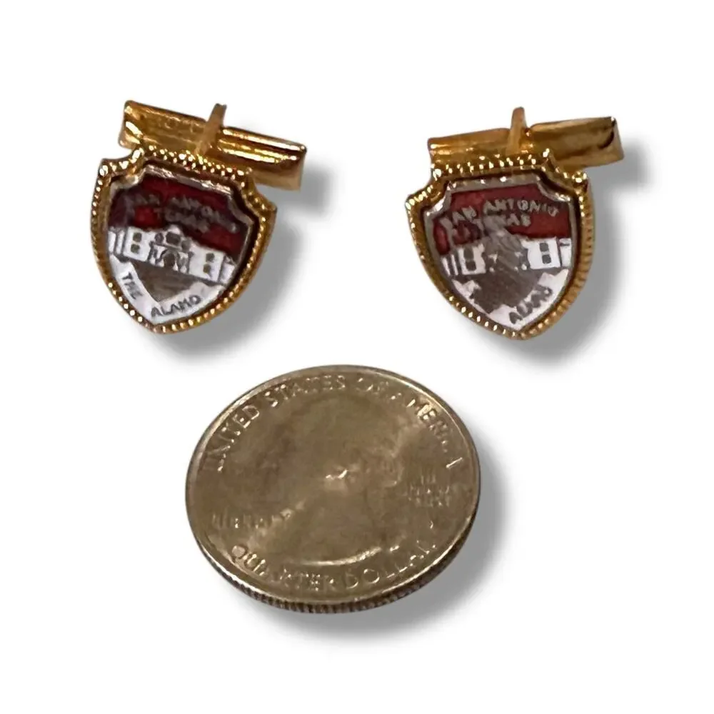 Vintage Stag Cufflinks and Tie Clip Set Gold Tone Enamel San Antonio Alamo